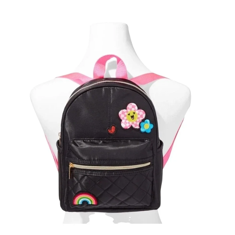 Claire's Checkered Daisy Patch Black Quilted Mini Backpack‎